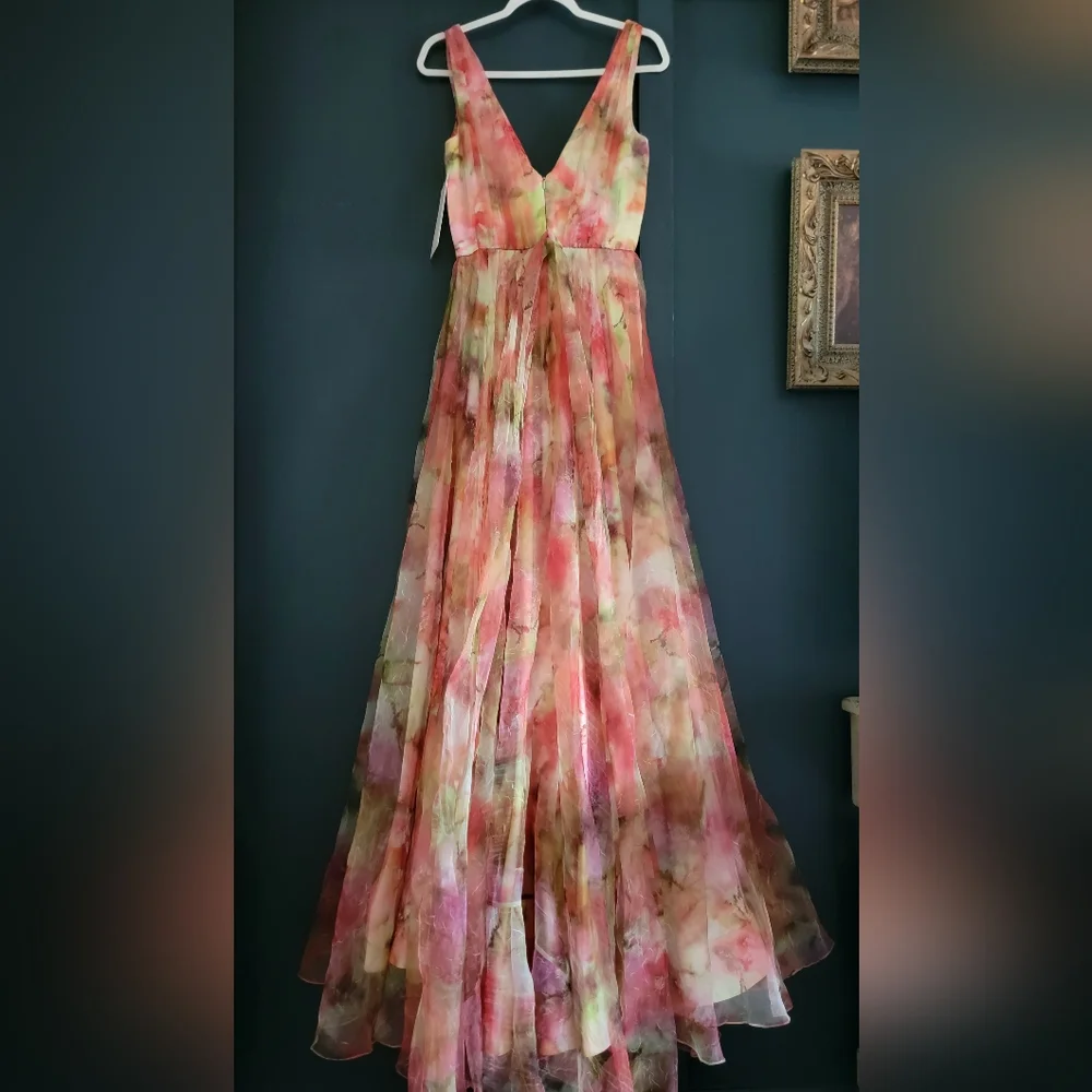 NWT Theia Faye Painterly Bow Organza Lightweight Chiffon Flowy A-line Gown 4‎ - Picture 10 of 15